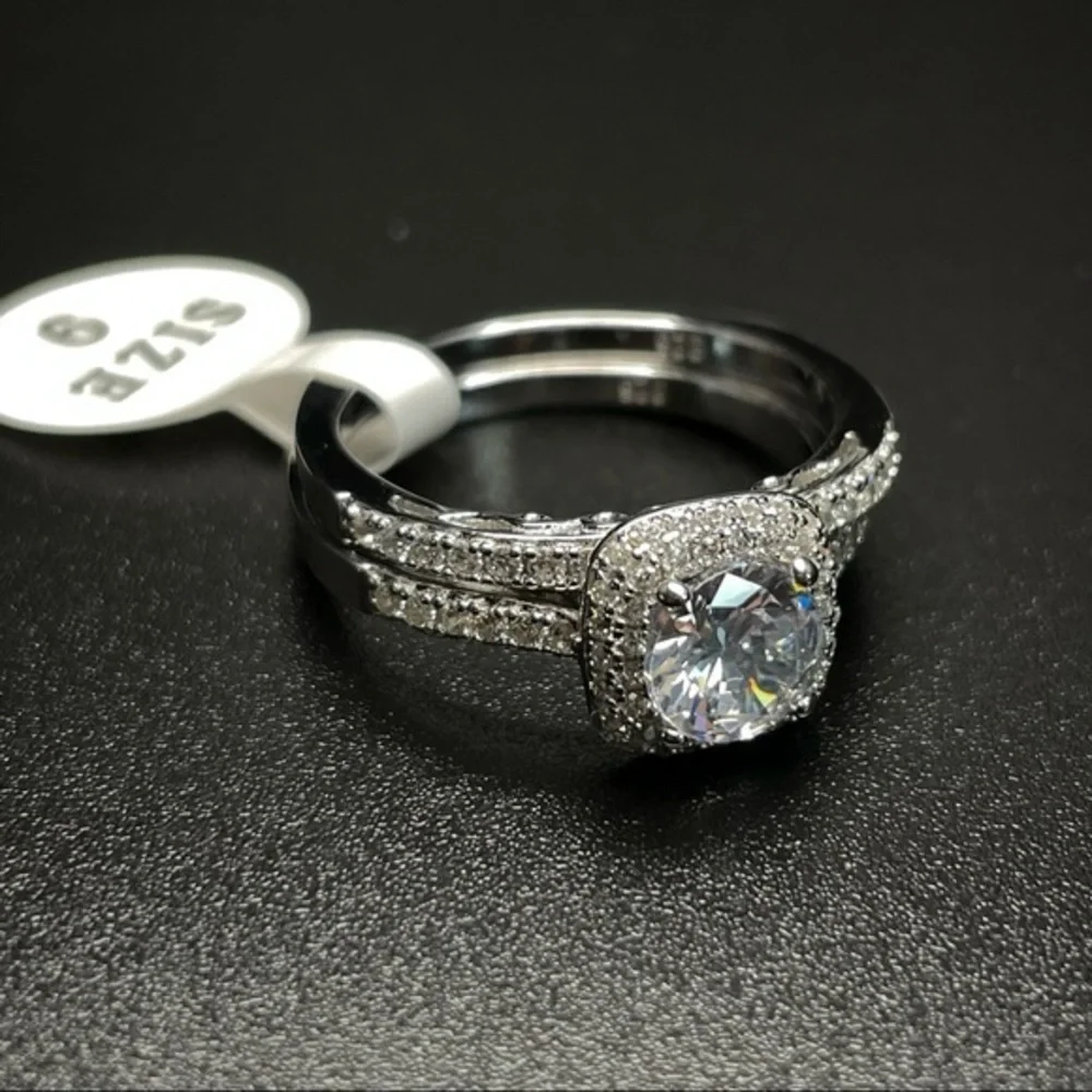 925 Sterling Silver Diamond 2‎ Band Ring Set Sz 9